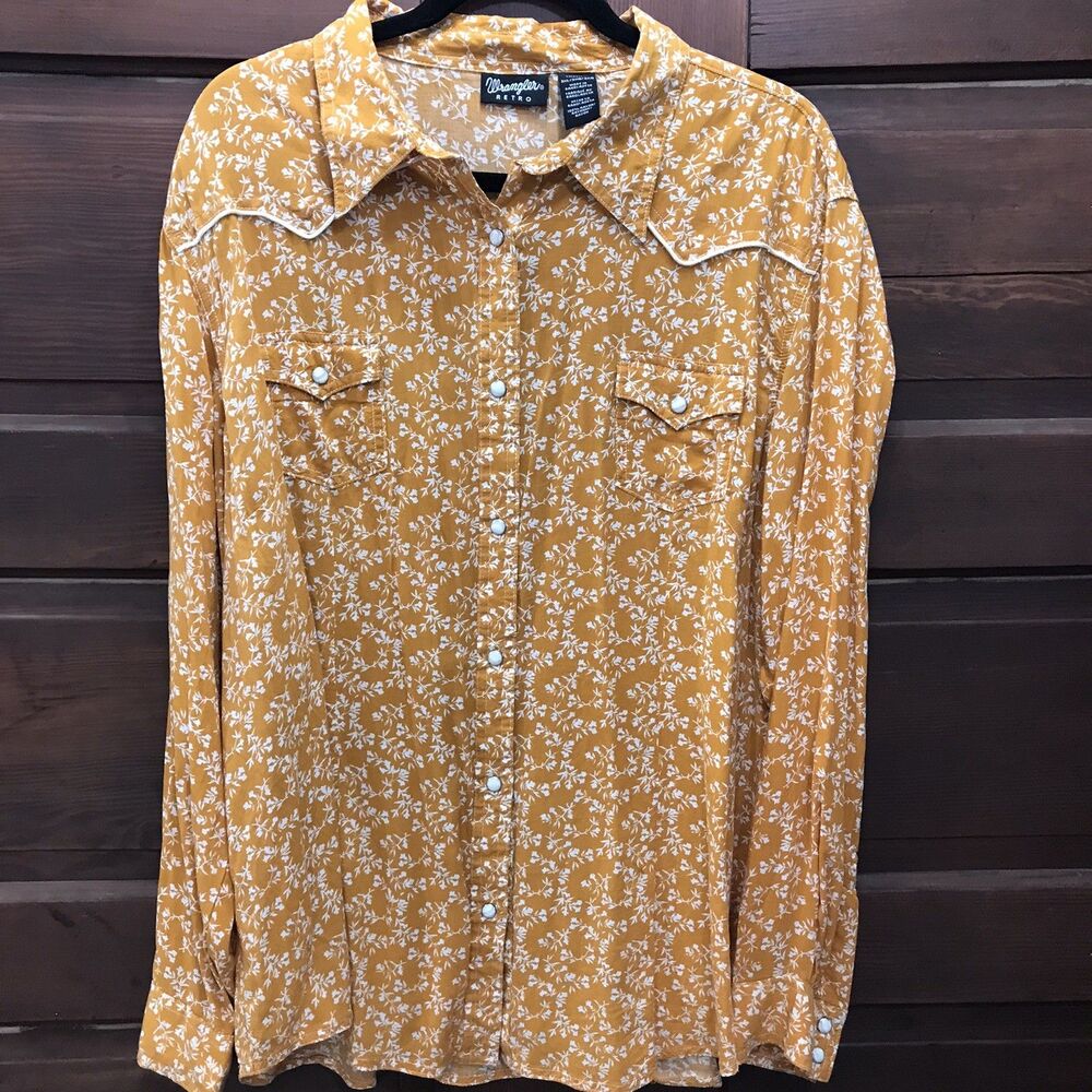 Wrangler Retro Pearl Snap Button Shirt Size 3XL Yellow Floral Collared Rayon